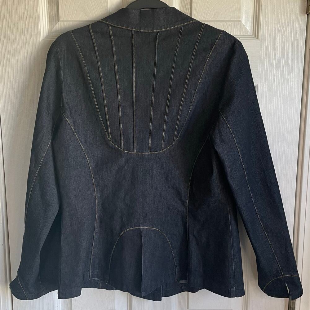 Bisou Bisou Blue Denim Blazer Jacket Sz L Contrast Stitching Pintucks Stretch - Picture 2 of 10